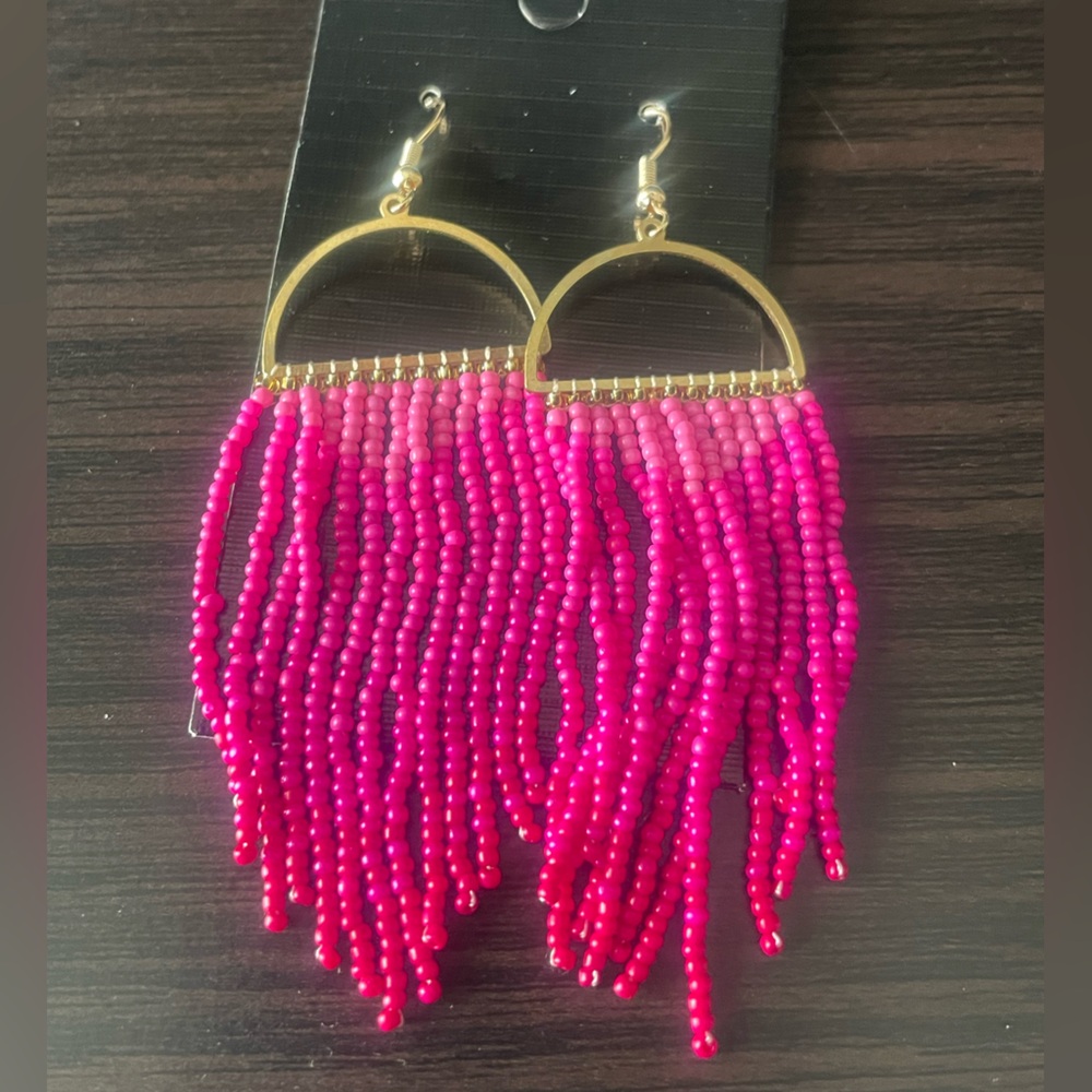 🆕 Hot Pink Beaded Fringe Earrings